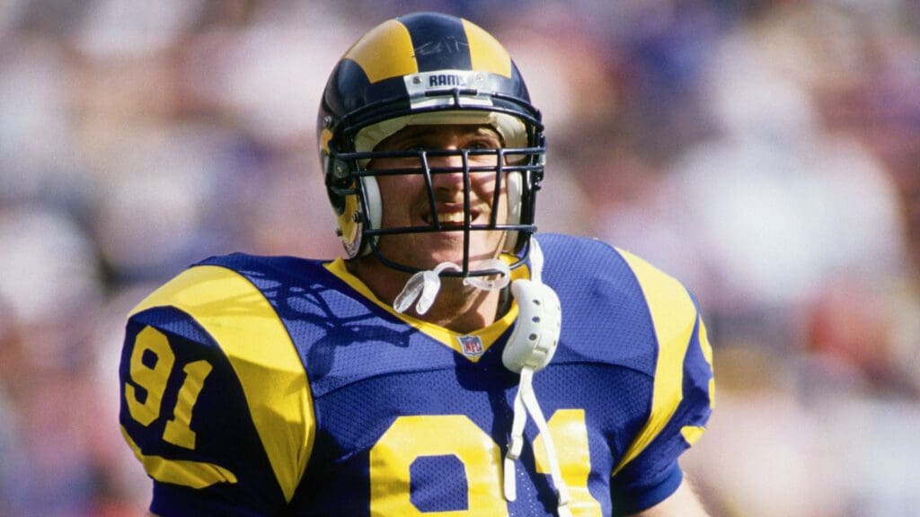 Oct 18, 1992; Anaheim, CA, USA; FILE PHOTO; Los Angeles Rams linebacker Kevin Green (91) on the field against the New York Giants at Anaheim Stadium.