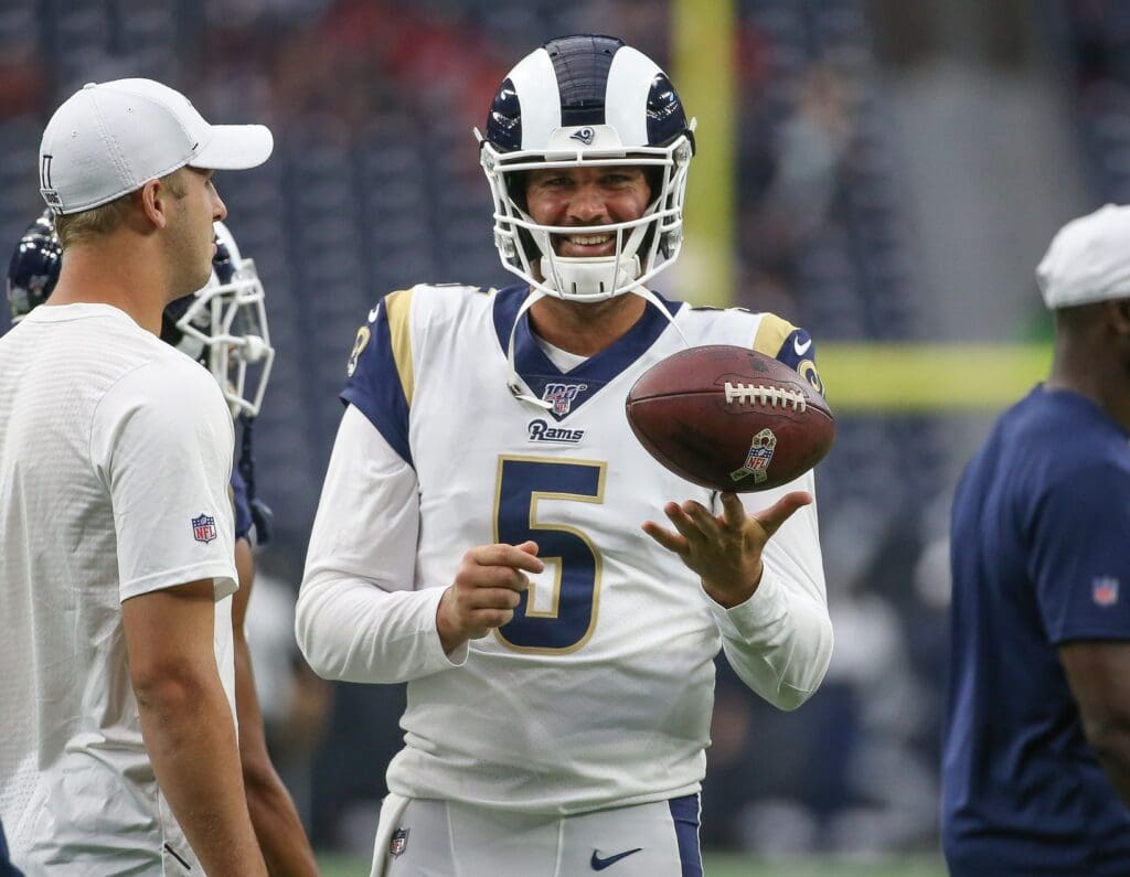 Aug 29, 2019; Houston, TX, USA; Los Angeles Rams quarterback Blake Bortles (5) before the game against the Houston Texans at NRG Stadium.