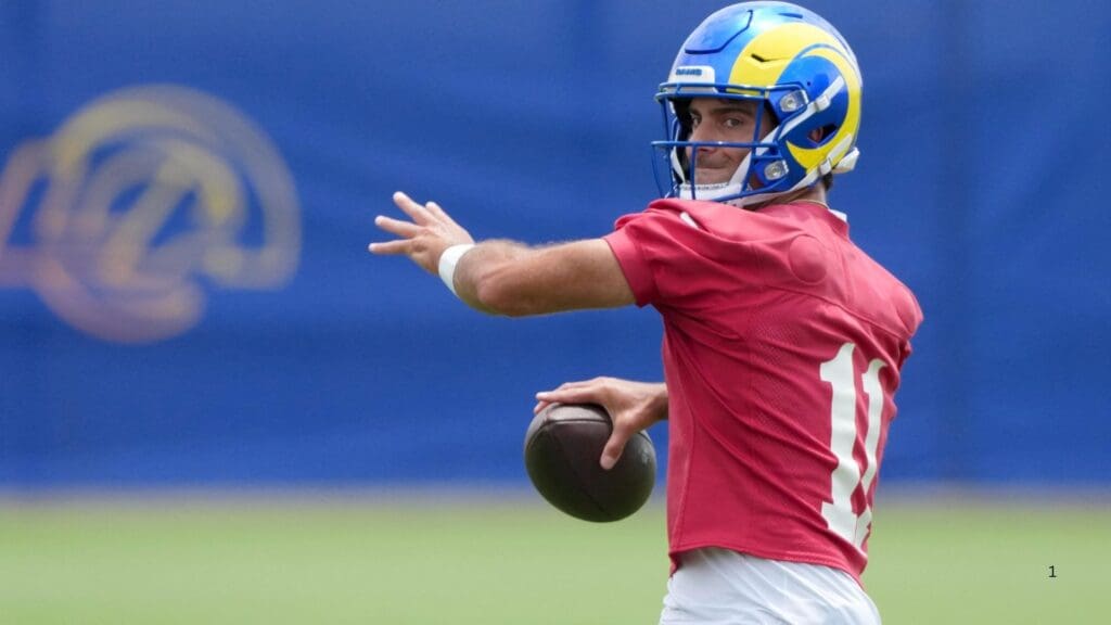 Jun 3, 2025; Woodland Hills, CA, USA; Los Angeles Rams quarterback Jimmy Garoppolo (11) throws the ball during organized team activities at Rams Practice Facility.