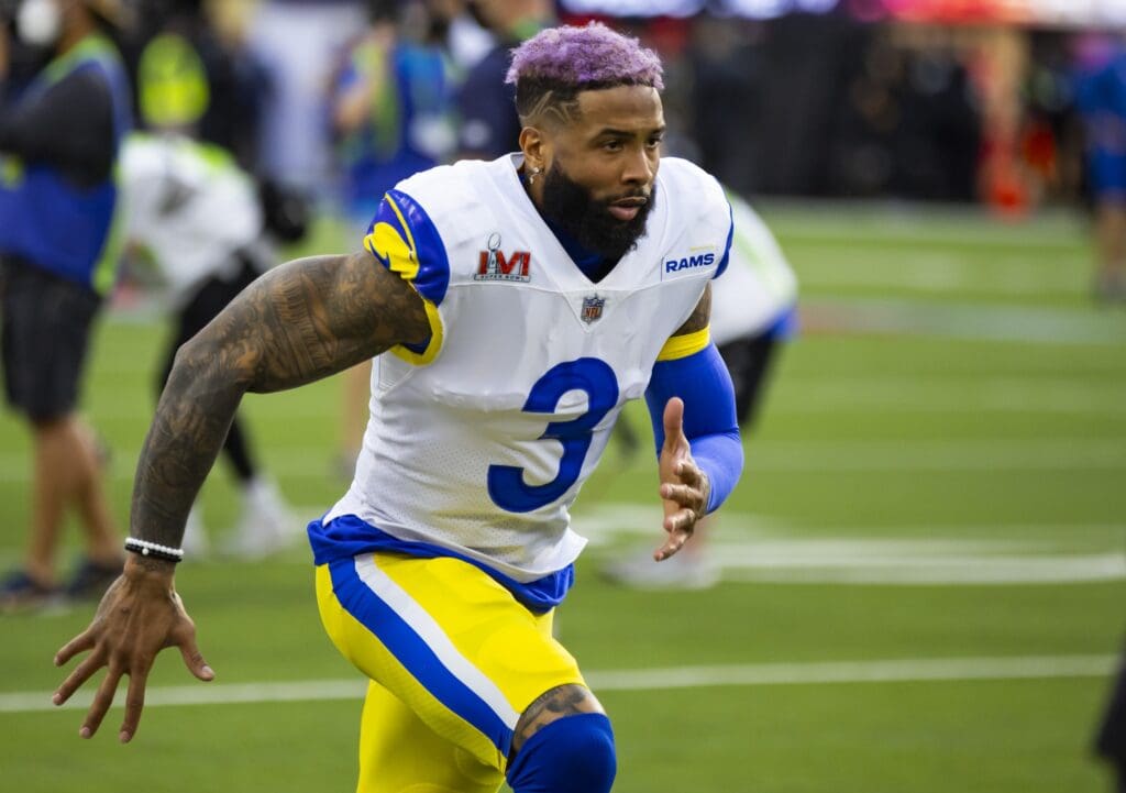 Feb 13, 2022; Inglewood, CA, USA; Los Angeles Rams wide receiver Odell Beckham Jr. (3) against the Cincinnati Bengals during Super Bowl LVI at SoFi Stadium