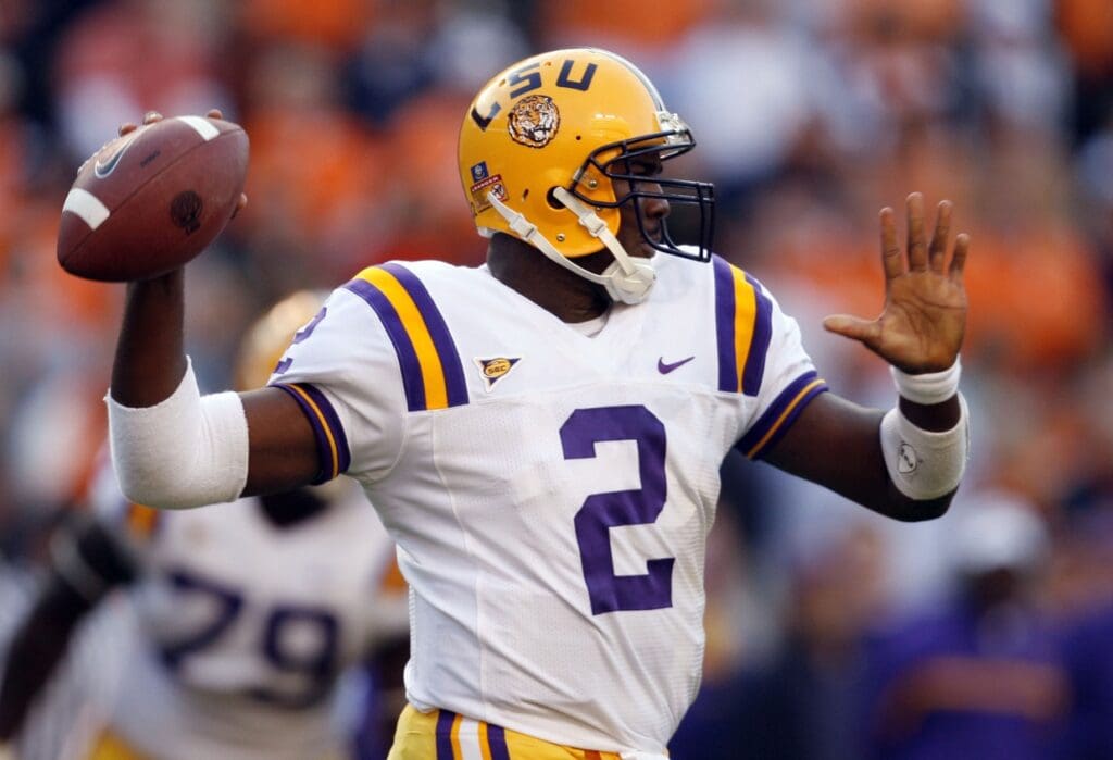 Nov 4, 2006; Knoxville, TN, USA; Louisiana State Tigers quarterback (2) JaMarcus Russell throws a pass against the Tennessee Volunteers in the first quarter at Neyland Stadium. The Tigers defeated the Volunteers 28 to 24