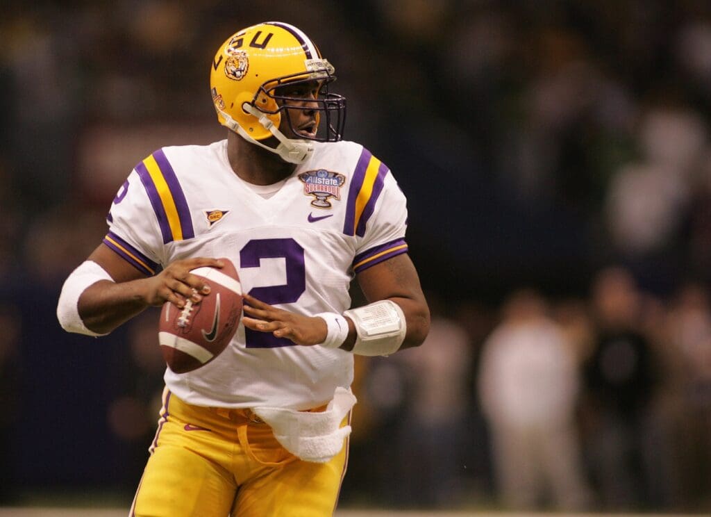 Jan. 3, 2007; New Orleans, LA, USA; Louisiana State Tigers quarterback Jamarcus Russell (2) looks to throw a pass in the first quarter against the Notre Dame Irish at the Louisiana Superdome in New Orleans, LA.