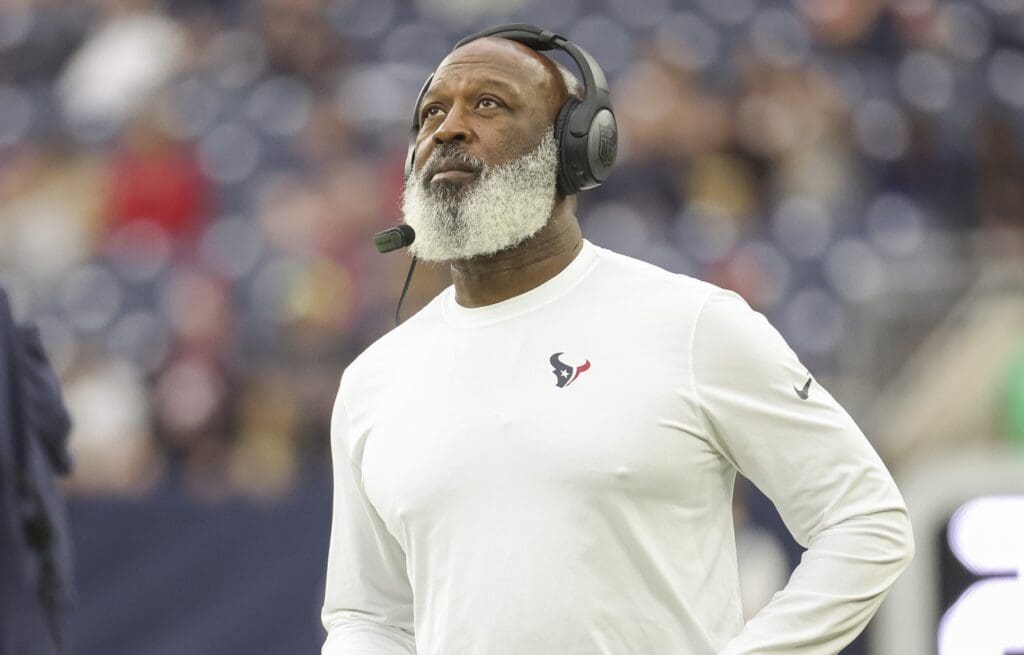 Jan 1, 2023; Houston, Texas, USA; Houston Texans head coach Lovie Smith looks up before the game against the Jacksonville Jaguars at NRG Stadium.