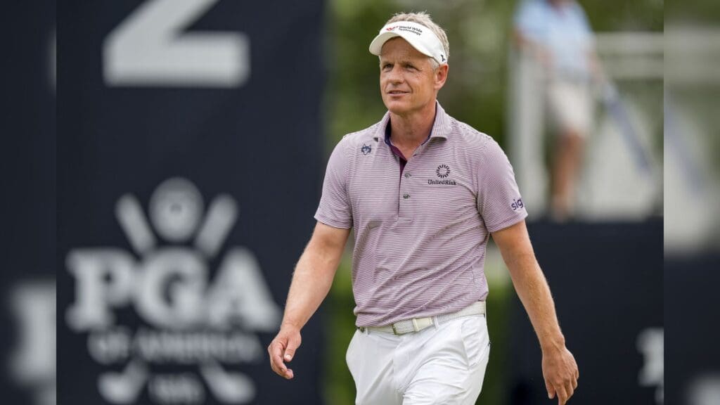 May 16, 2025; Charlotte, North Carolina, USA; Luke Donald on the green at the second hole during the second round of the PGA Championship golf tournament at Quail Hollow.