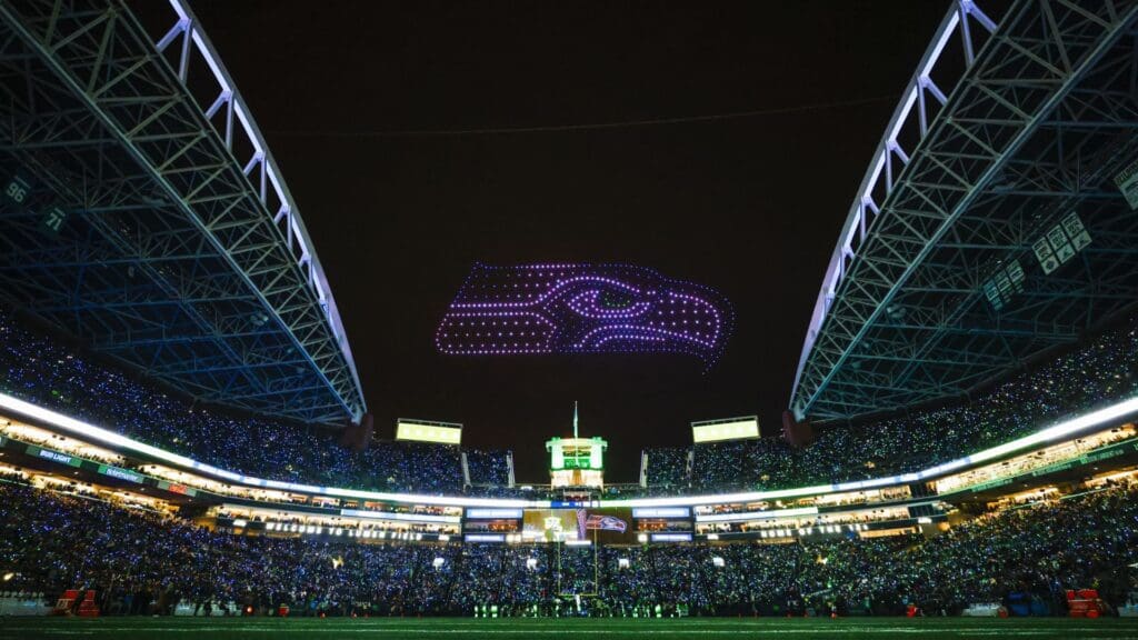 Dec 15, 2024; Seattle, Washington, USA; General view of Lumen Field during a drone show during halftime of a game between the Green Bay Packers and Seattle Seahawks.
