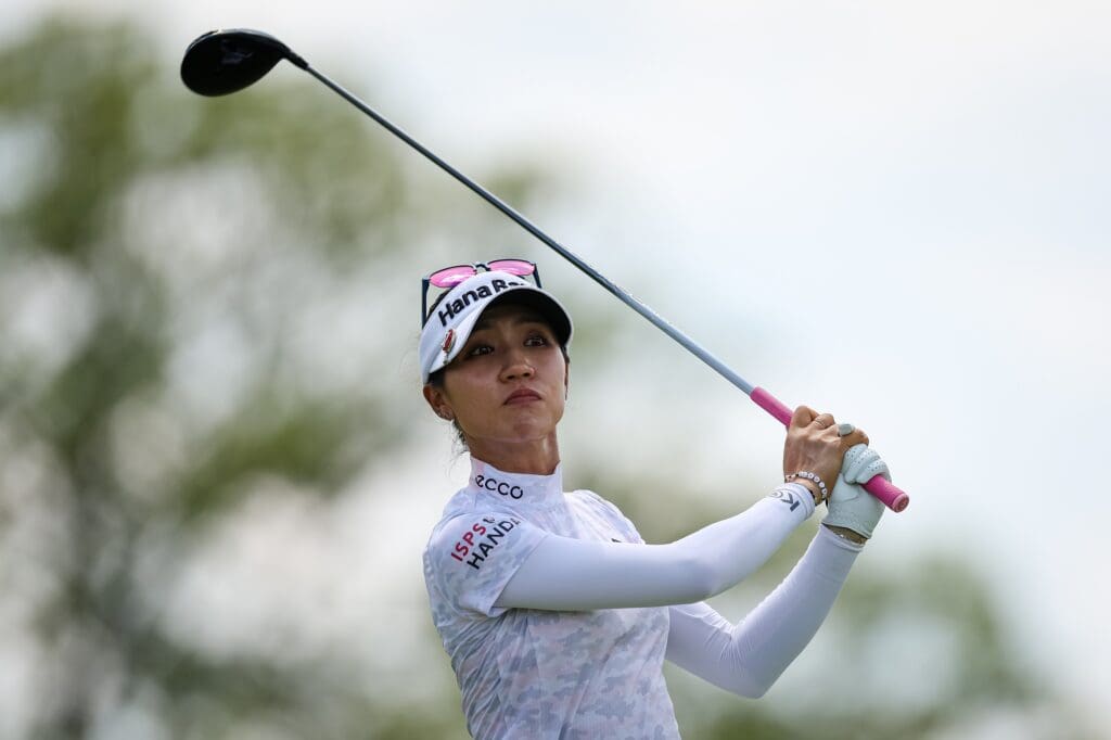 Jun 25, 2022; Bethesda, Maryland, USA; Lydia Ko plays her shot from the fourth tee during the third round of the KPMG Women's PGA Championship golf tournament at Congressional Country Club