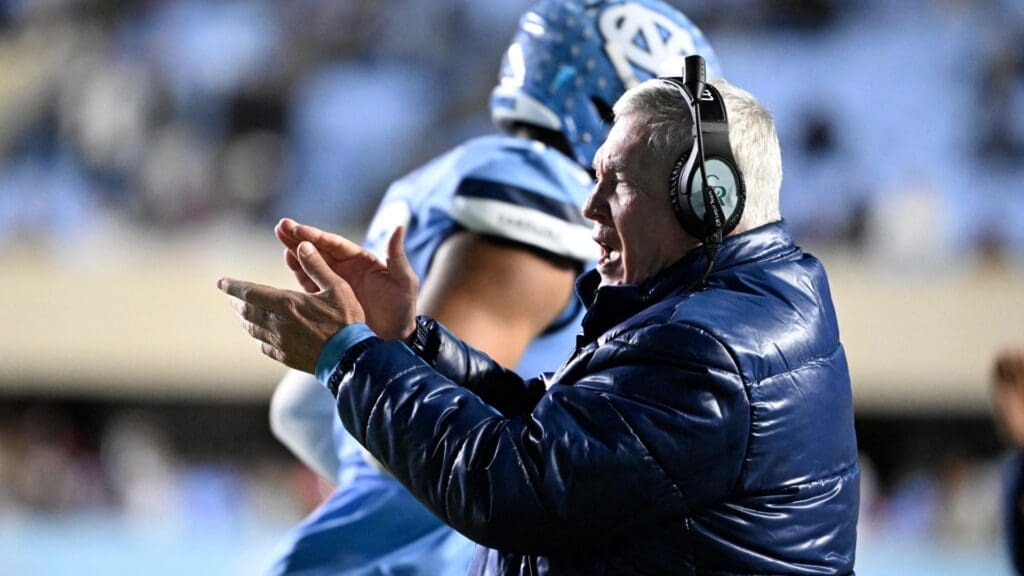 Nov 30, 2024; Chapel Hill, North Carolina, USA; North Carolina Tar Heels head coach Mack Brown on the sidelines in the fourth quarter at Kenan Memorial Stadium.