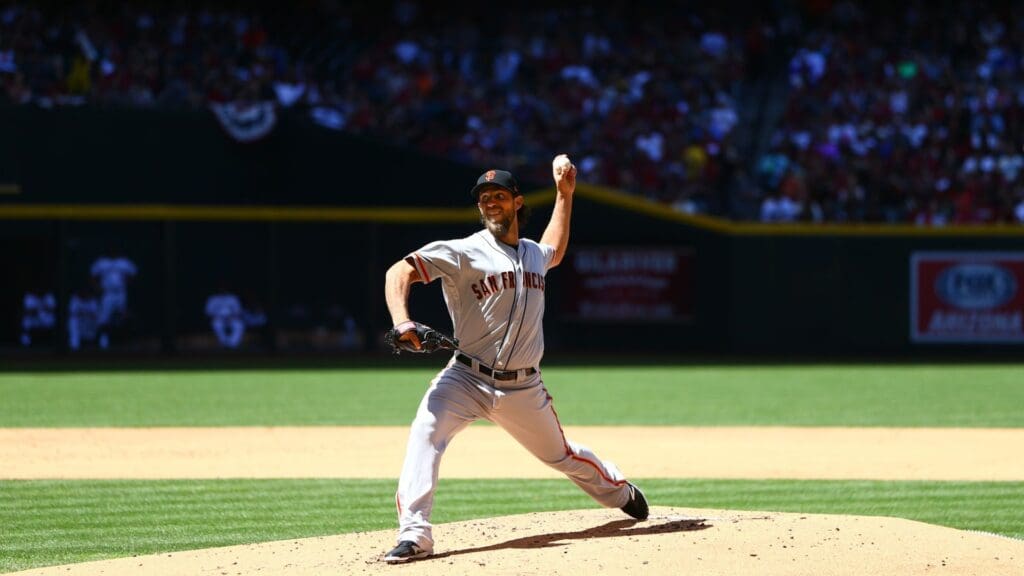 Apr 2, 2017; Phoenix, AZ, USA; San Francisco Giants pitcher Madison Bumgarner against the Arizona Diamondbacks during opening day at Chase Field.