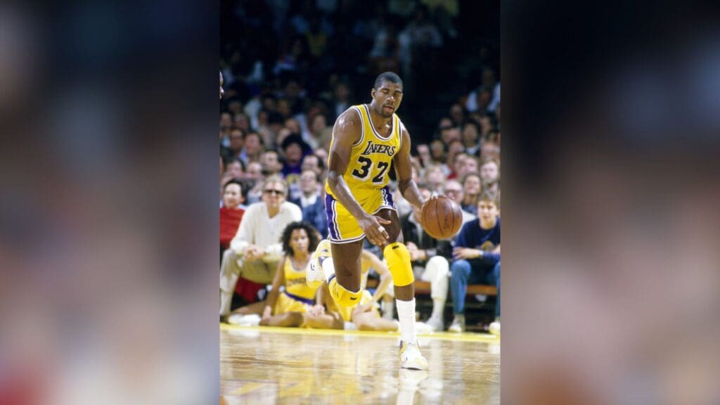 Unknown date 1986; Los Angeles, CA, USA; FILE PHOTO; Los Angeles Lakers guard Magic Johnson (32) in action at The Forum.