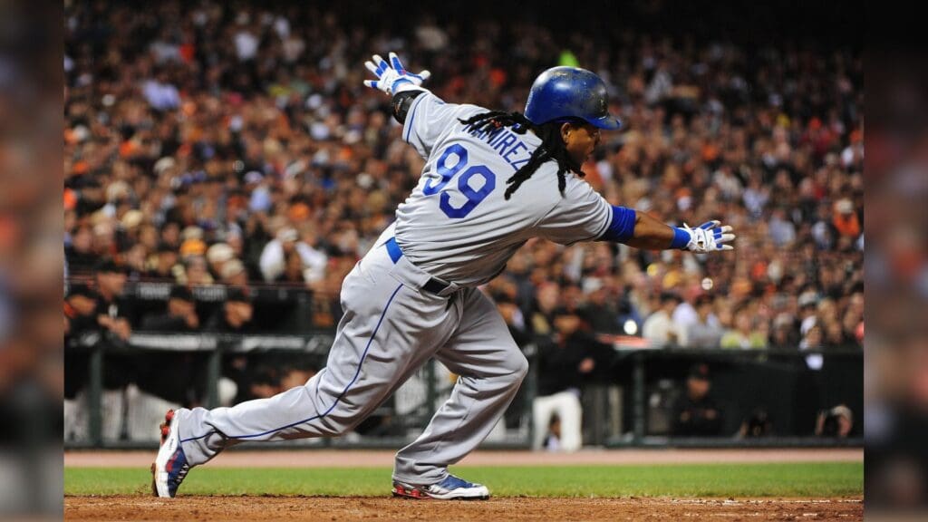 August 10, 2009; San Francisco, CA, USA; Los Angeles Dodgers outfielder Manny Ramirez (99) singles during the fourth inning against the San Francisco Giants at AT&T Park.