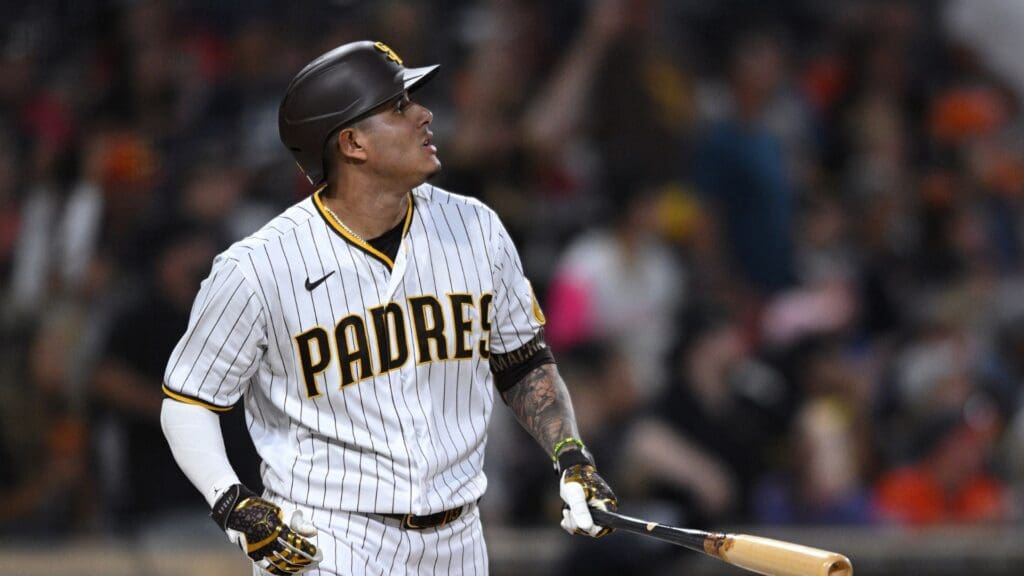 Jul 7, 2022; San Diego, California, USA; San Diego Padres third baseman Manny Machado (13) watches his home run against the San Francisco Giants during the fifth inning at Petco Park.