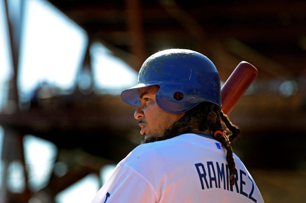 Mar. 13, 2009; Glendale, AZ, USA; Los Angeles Dodgers outfielder Manny Ramirez stands in the on deck circle in the fifth inning against the Texas Rangers at The Ballpark at Camelback Ranch.