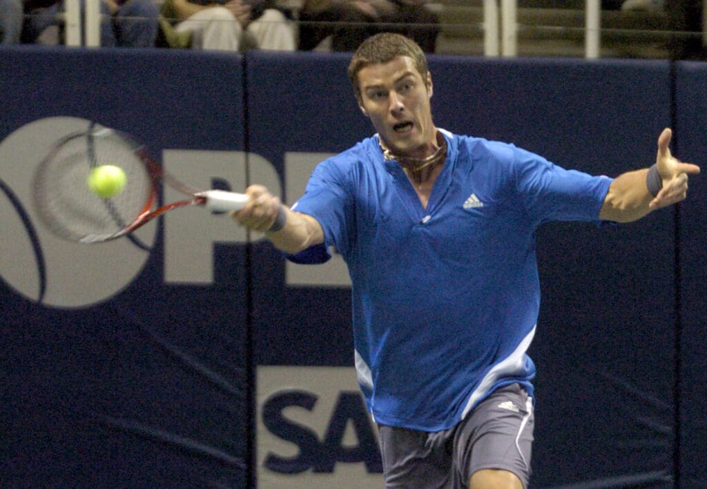 Feb 13, 2007; San Jose, CA, USA; Marat Safin (RUS) returns a shot to Scott Oudsema (USA), not pictured, in the 1st round play during the SAP Open men's tennis tournament at HP Pavilion in San Jose, CA. Safin defeated Oudsema 6-4, 7-6.