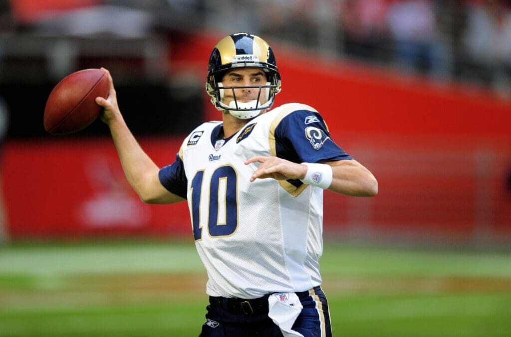 Dec. 7, 2008; Glendale, AZ, USA; St. Louis Rams quarterback Marc Bulger throws a pass in the third quarter against the Arizona Cardinals at University of Phoenix Stadium. The Cardinals defeated the Rams 34-10 to clinch the NFC West division title.
