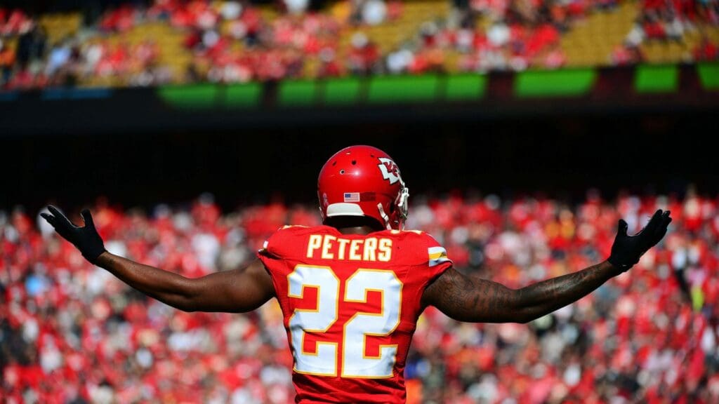 Oct 23, 2016; Kansas City, MO, USA; Kansas City Chiefs cornerback Marcus Peters (22) hypes up the crowd during the second half against the New Orleans Saints at Arrowhead Stadium. The Chiefs won 27-21.