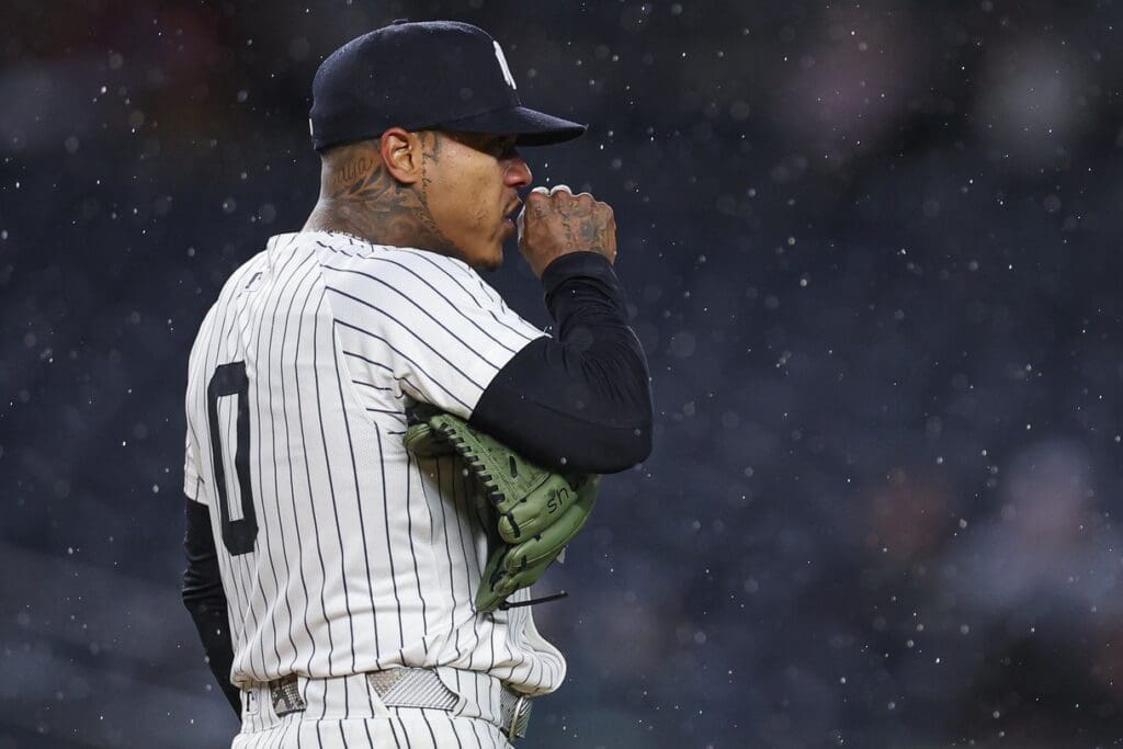 Apr 11, 2025; Bronx, New York, USA; New York Yankees starting pitcher Marcus Stroman (0) reacts during the first inning against the San Francisco Giants at Yankee Stadium.