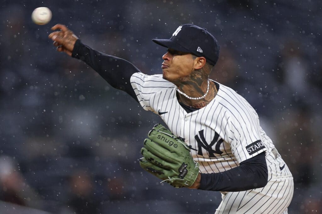 Apr 11, 2025; Bronx, New York, USA; New York Yankees starting pitcher Marcus Stroman (0) delivers a pitch during the first inning against the San Francisco Giants at Yankee Stadium.