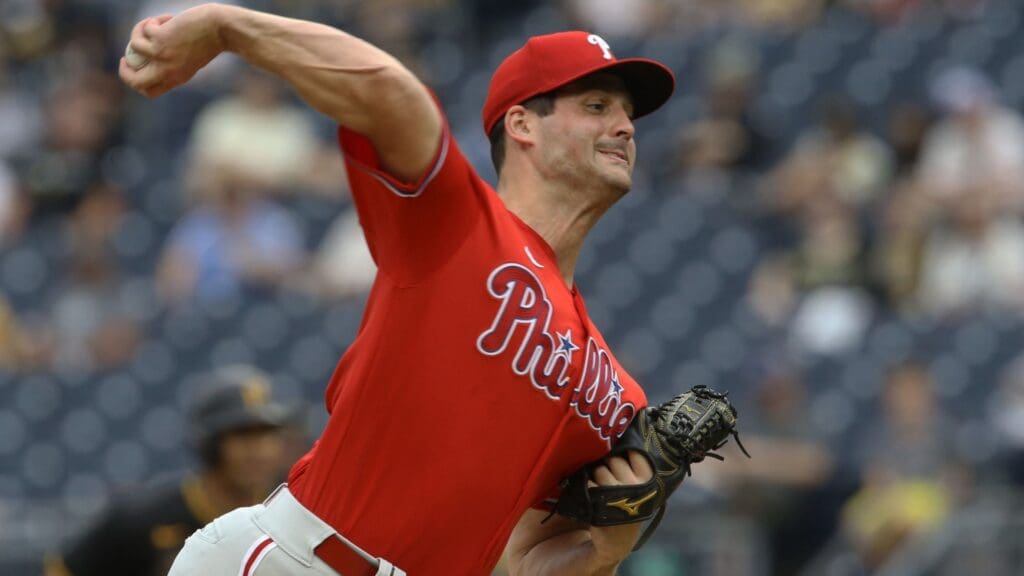 Jul 31, 2022; Pittsburgh, Pennsylvania, USA; Philadelphia Phillies relief pitcher Mark Appel (22) pitches against the Pittsburgh Pirates during the eighth inning at PNC Park. The Phillies won 8-2.