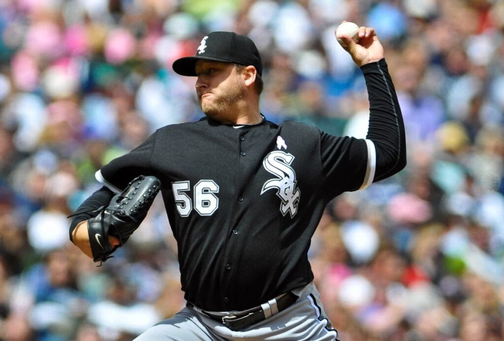 May 8, 2011; Seattle, WA, USA; Chicago White Sox starting pitcher Mark Buehrle (56) pitches to the Seattle Mariners in the second inning at Safeco Field.