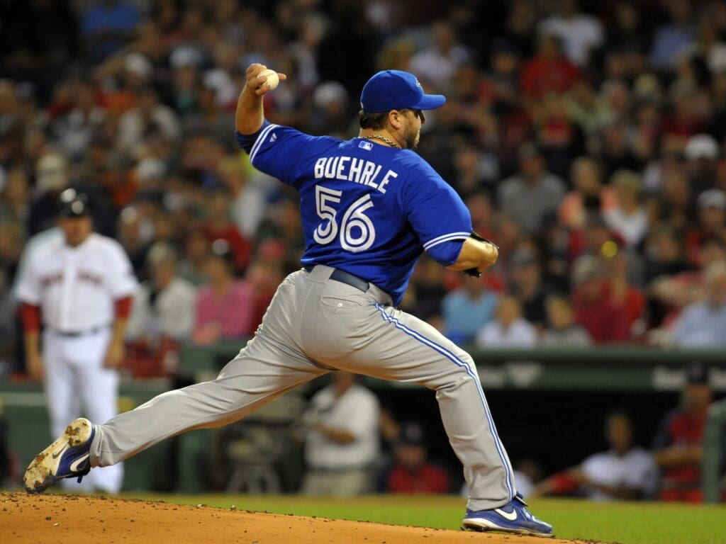 Sep 21, 2013; Boston, MA, USA; Toronto Blue Jays starting pitcher Mark Buehrle (56) pitches during the first inning against the Boston Red Sox at Fenway Park.