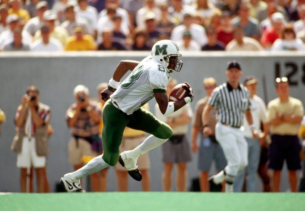 Aug 30, 1997; Morgantown, WV, USA; FILE PHOTO; Marshall Thundering Herd receiver Randy Moss (88) in action against the West Virginia Mountaineers at Milan Puskar Stadium.