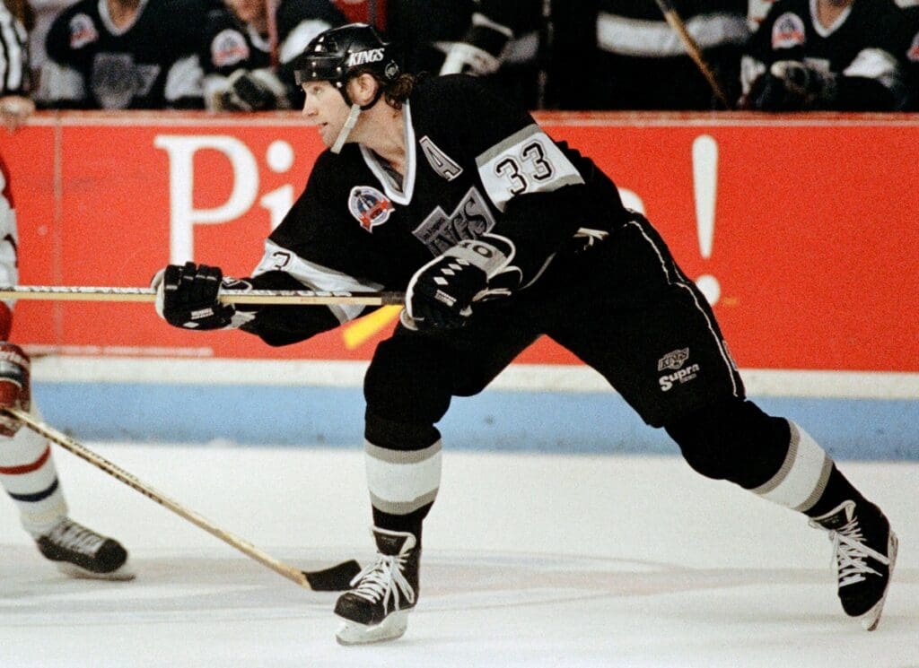 Jun 5, 1993; Los Angeles, CA, USA; FILE PHOTO; Los Angeles Kings forward Marty McSorley (33) in action against the Montreal Canadians in the 1993 Stanley Cup Finals at the Great Western Forum.