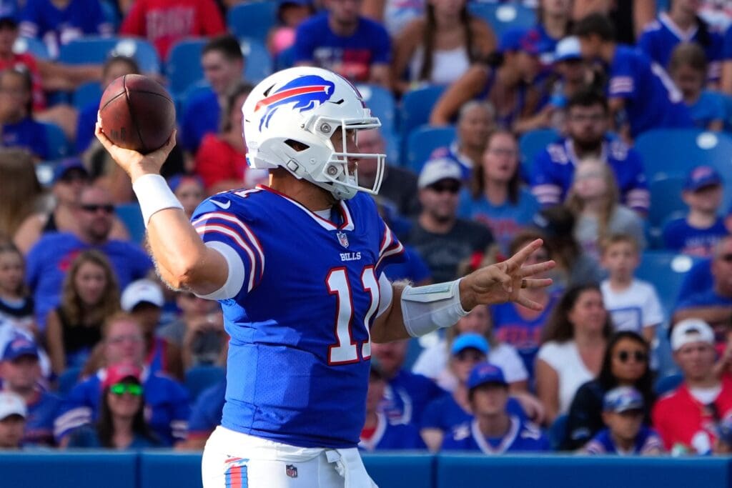 Aug 13, 2022; Orchard Park, New York, USA; Buffalo Bills quarterback Matt Barkley (11) throws the ball against the Indianapolis Colts during the second half at Highmark Stadium