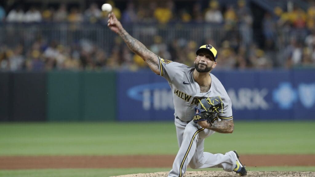Jun 30, 2023; Pittsburgh, Pennsylvania, USA; Milwaukee Brewers relief pitcher Matt Bush (21) pitches against the Pittsburgh Pirates during the ninth inning at PNC Park. Pittsburgh won 8-7.