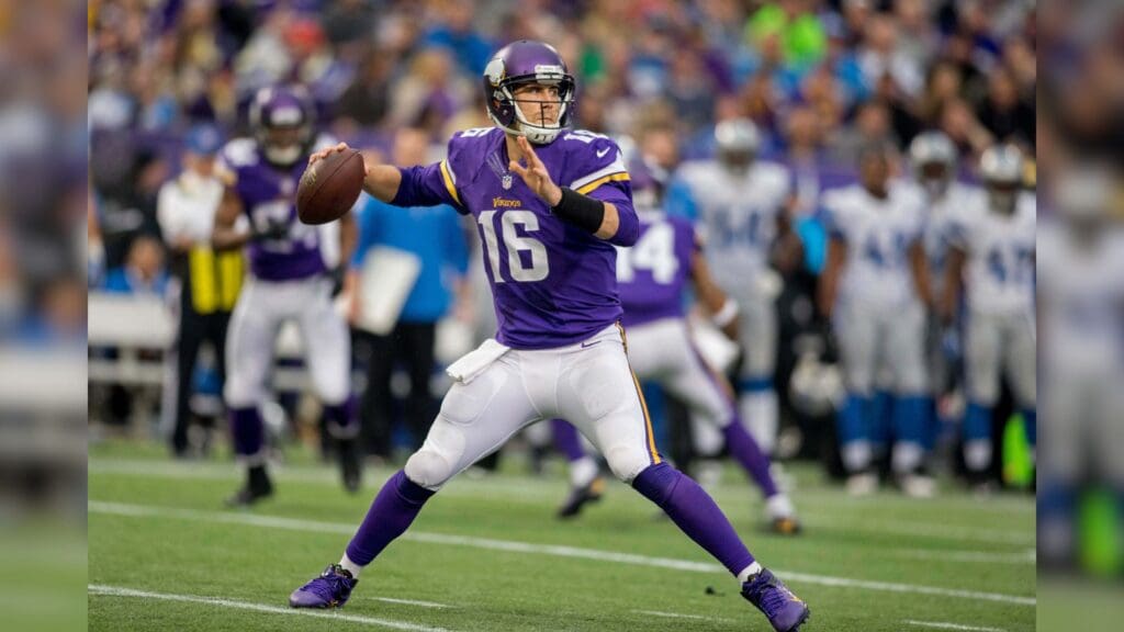 Dec 29, 2013; Minneapolis, MN, USA; Minnesota Vikings quarterback Matt Cassel (16) passes against the Detroit Lions in the third quarter at Mall of America Field at H.H.H. Metrodome. The Vikings win 14-13.