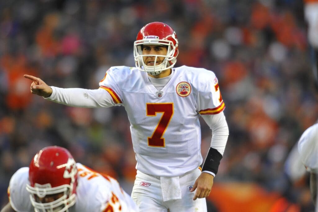 November 14, 2010; Denver, CO, USA; Kansas City Chiefs quarterback Matt Cassel (7) calls out play during a fourth and one on the goal line against the Denver Broncos in the second half at Invesco Field. The Broncos defeated the Chiefs 49-29.