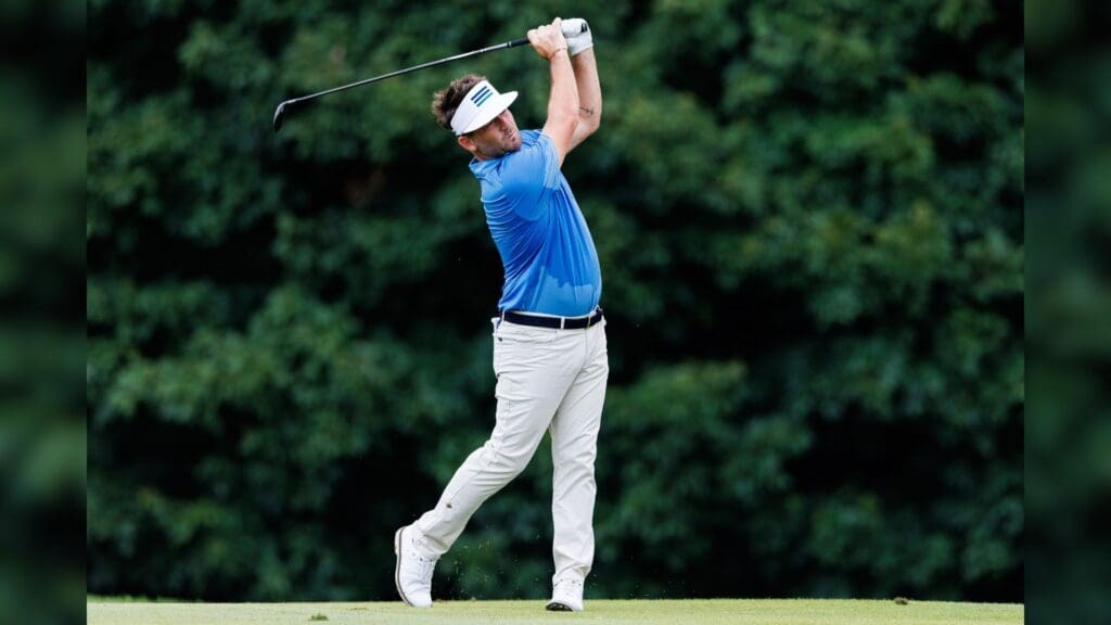 Matt Every plays his shot from the 15th fairway during the first round of the Barbasol Championship golf tournament.