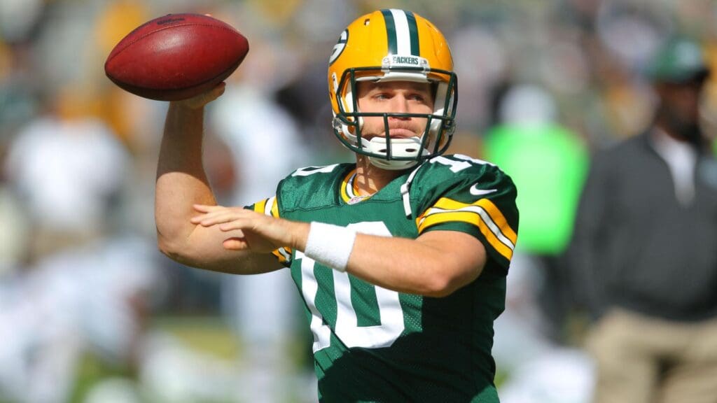 Green Bay Packers quarterback Matt Flynn (10) warms up prior to a game against the New York Jets at Lambeau Field.