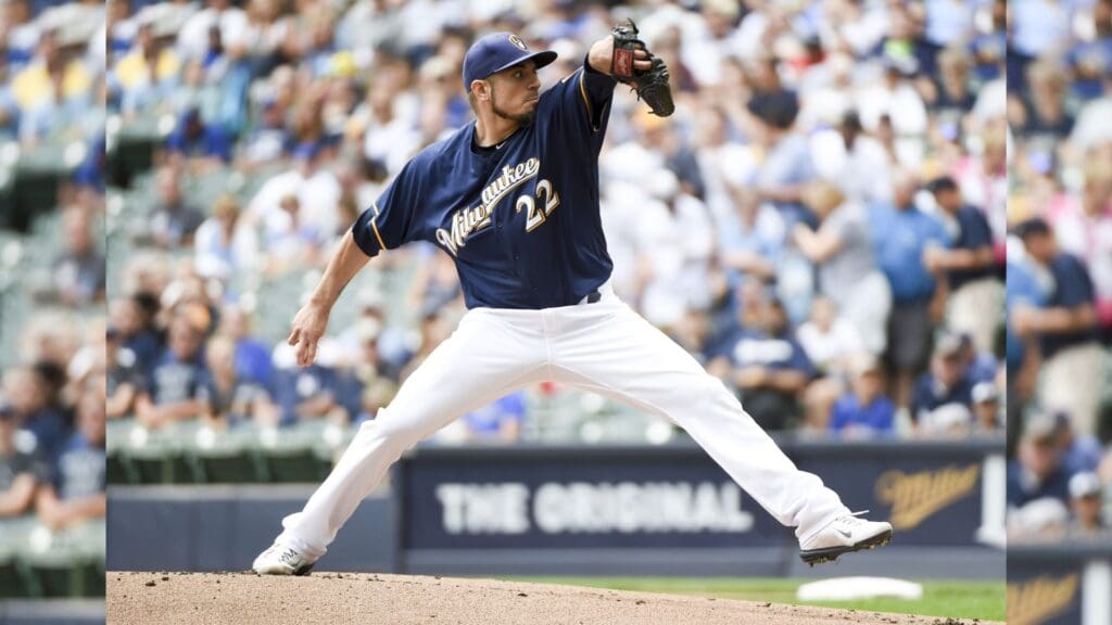 Aug 13, 2017; Milwaukee, WI, USA; Milwaukee Brewers pitcher Matt Garza (22) throws a pitch in the first inning against the Cincinnati Reds at Miller Park.