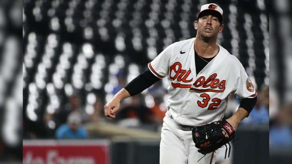 Sep 8, 2021; Baltimore, Maryland, USA; Baltimore Orioles starting pitcher Matt Harvey (32) reacts after giving up a third inning hit against the Kansas City Royals\ at Oriole Park at Camden Yards.