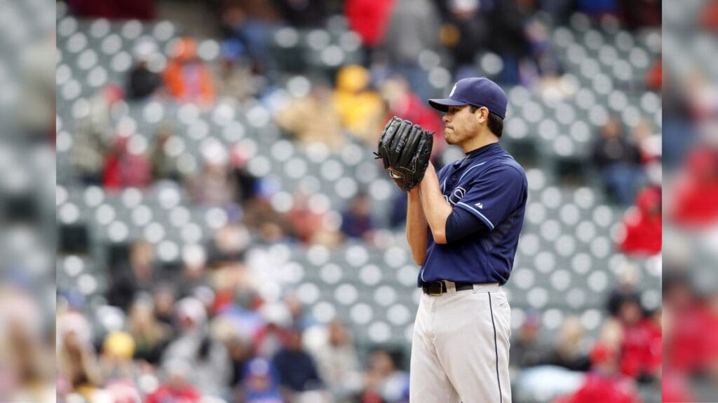 Apr 10, 2013; Arlington, TX, USA; Tampa Bay Rays starting pitcher Matt Moore (55) is set to throw a pitch in the fifth inning of the game against the Texas Rangers at Rangers Ballpark in Arlington. The Rays beat the Rangers 2-0.