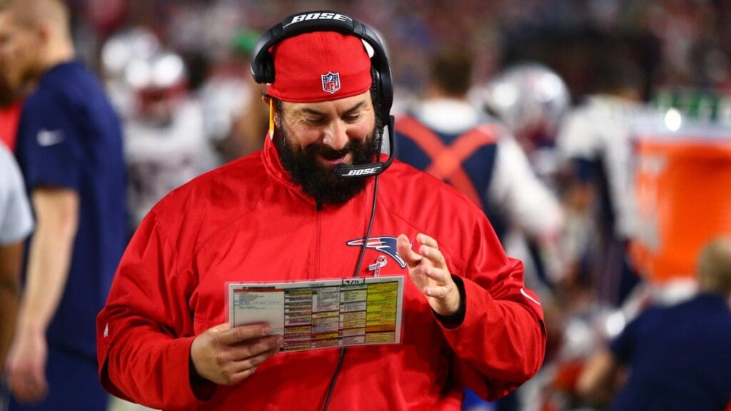 Sep 11, 2016; Glendale, AZ, USA; New England Patriots defensive coordinator Matt Patricia against the Arizona Cardinals at University of Phoenix Stadium. The Patriots defeated the Cardinals 23-21.