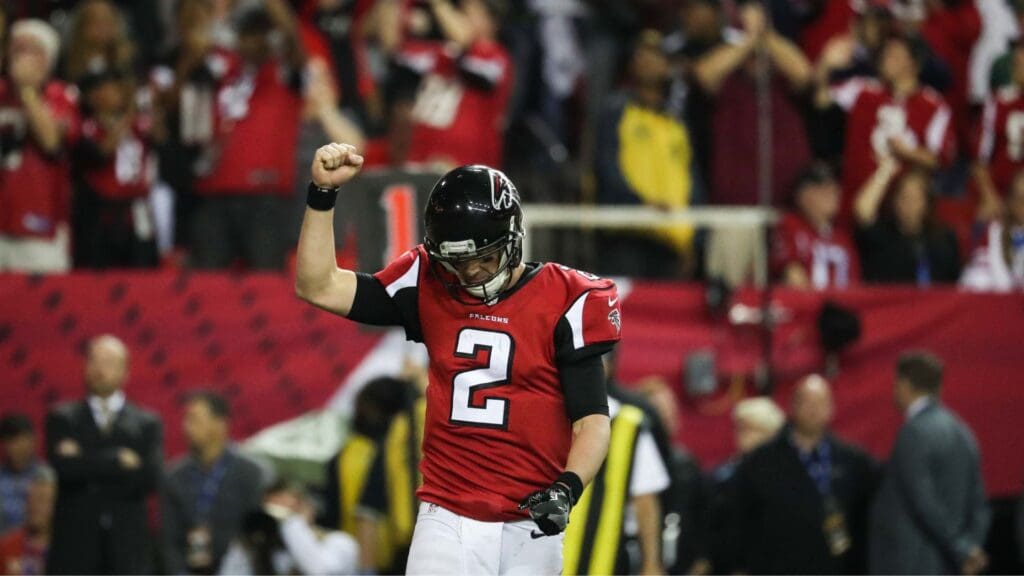 Jan 22, 2017; Atlanta, GA, USA; Atlanta Falcons quarterback Matt Ryan (2) reacts after a touchdown during the fourth quarter in the 2017 NFC Championship Game at the Georgia Dome.