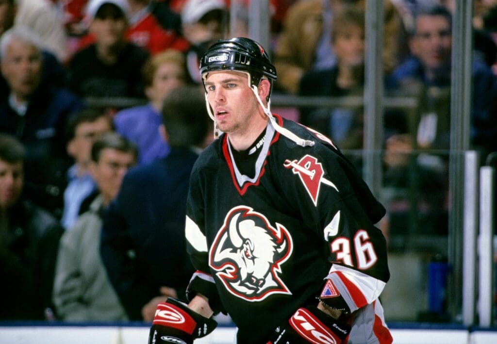 Apr 15, 1998; East Rutherford, NJ, USA; FILE PHOTO; Buffalo Sabres right wing Matthew Barnaby (36) on the ice against the New Jersey Devils at Continental Airlines Arena.