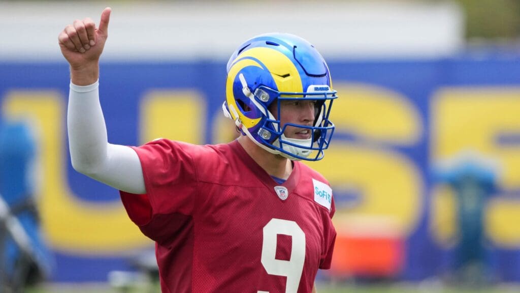 May 28, 2025; Woodland Hills, CA, USA; Los Angeles Rams quarterback Matthew Stafford (9) gestures during organized team activities at Rams Practice Facility.