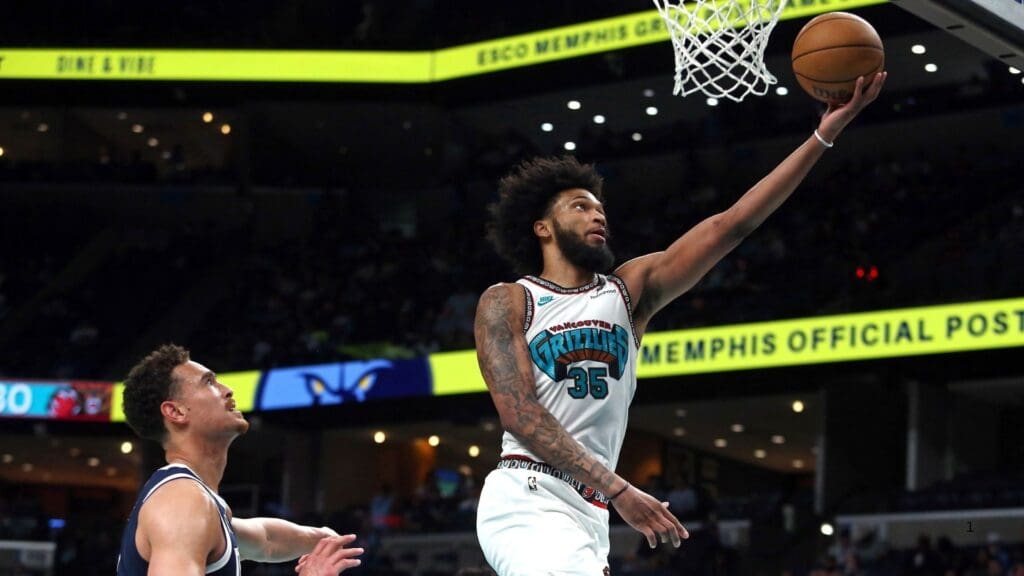 Apr 13, 2025; Memphis, Tennessee, USA; Memphis Grizzlies forward Marvin Bagley III (35) shoots during the fourth quarter against the Dallas Mavericks at FedExForum.