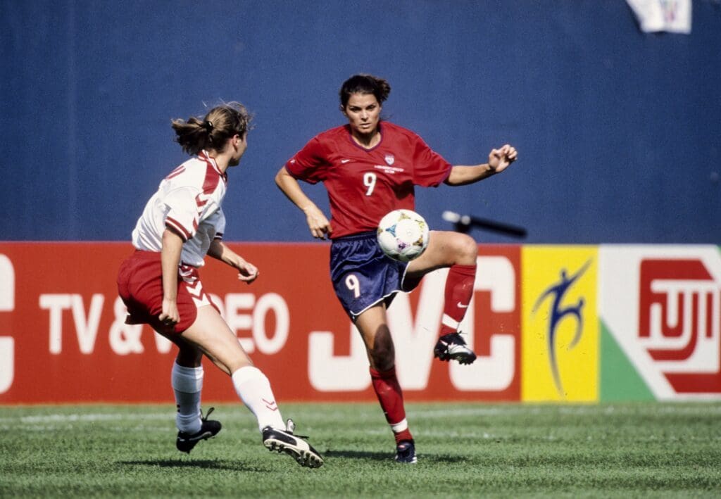 Jun 19,1999; E. Rutherford, NJ, USA; FILE PHOTO; USA forward Mia Hamm (9) in action against Denmark during the 1999 women's World Cup at Giants Stadium.