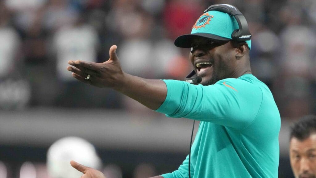 Sep 26, 2021; Paradise, Nevada, USA; Miami Dolphins head coach Brian Flores reacts in overtime against the Las Vegas Raiders at Allegiant Stadium.The Raiders defeated the Dolphins 31-28 in overtime.