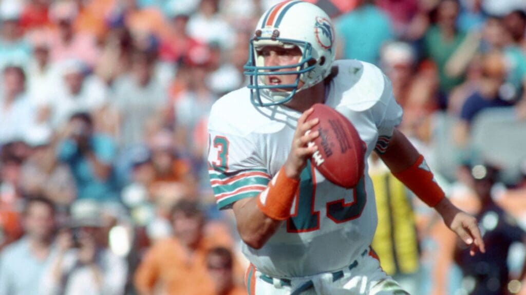 Jan 1985; Miami, FL, USA; Miami Dolphins quarterback Dan Marino (13) in action during the 1984-85 season at the Orange Bowl.
