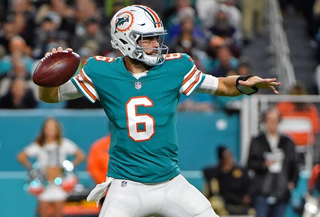 Dec 11, 2017; Miami Gardens, FL, USA; Miami Dolphins quarterback Jay Cutler (6) attempts a pass against the New England Patriots during the first half at Hard Rock Stadium.
