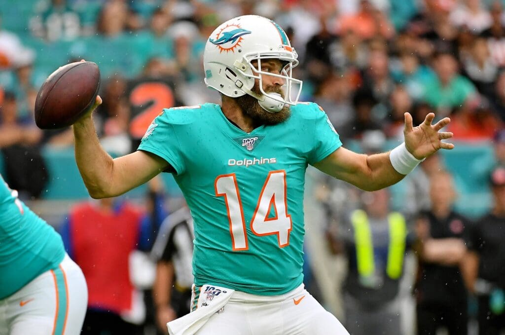 Miami Dolphins quarterback Ryan Fitzpatrick (14) drops back to attempt a pass against the Cincinnati Bengals during the first half at Hard Rock Stadium.