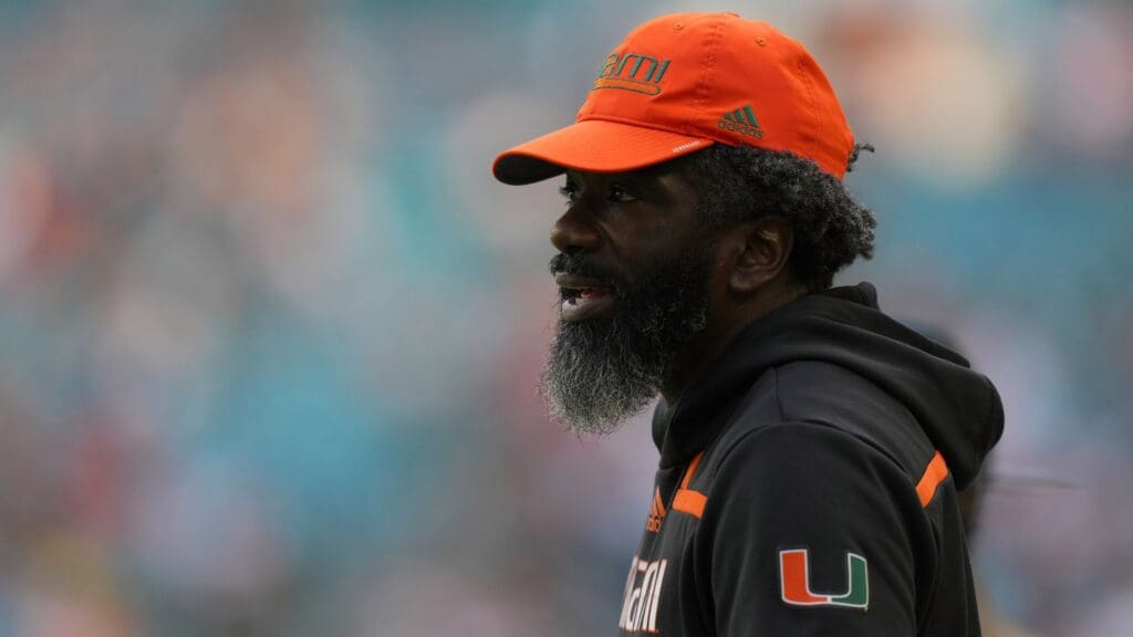 Nov 6, 2021; Miami Gardens, Florida, USA; Miami Hurricanes football chief of staff Ed Reed watches from the sideline during the second half between the Miami Hurricanes and the Georgia Tech Yellow Jackets at Hard Rock Stadium