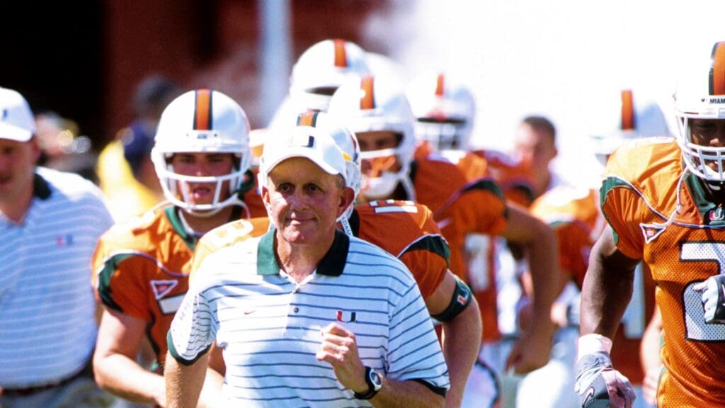 Unknown date, 2001; Coral Gables, FL, USA; FILE PHOTO; Miami Hurricanes head coach Larry Coker runs onto the field at Sun Life Stadium.