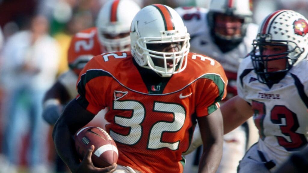 Miami Hurricanes runningback Frank Gore in action against the Temple Owls at the Orange Bowl during the 2001 season.