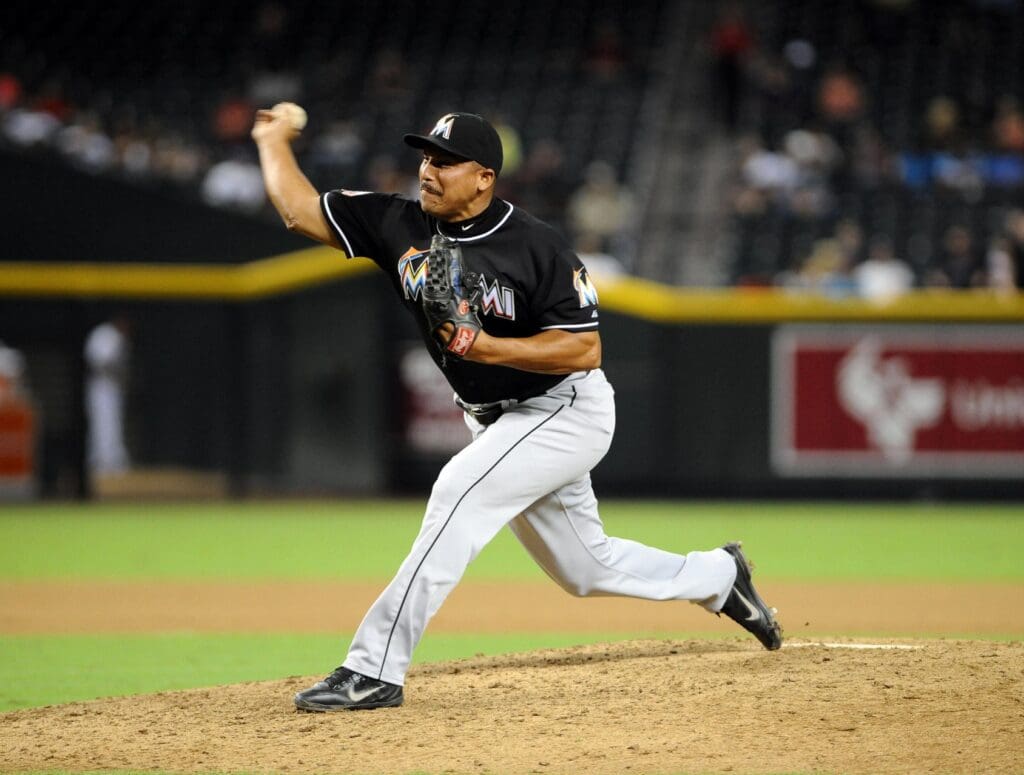 Aug. 21, 2012; Phoenix, AZ, USA; Miami Marlins pitcher Carlos Zambrano (38) pitches during the game against the Arizona Diamondbacks in the seventh inning at Chase Field.