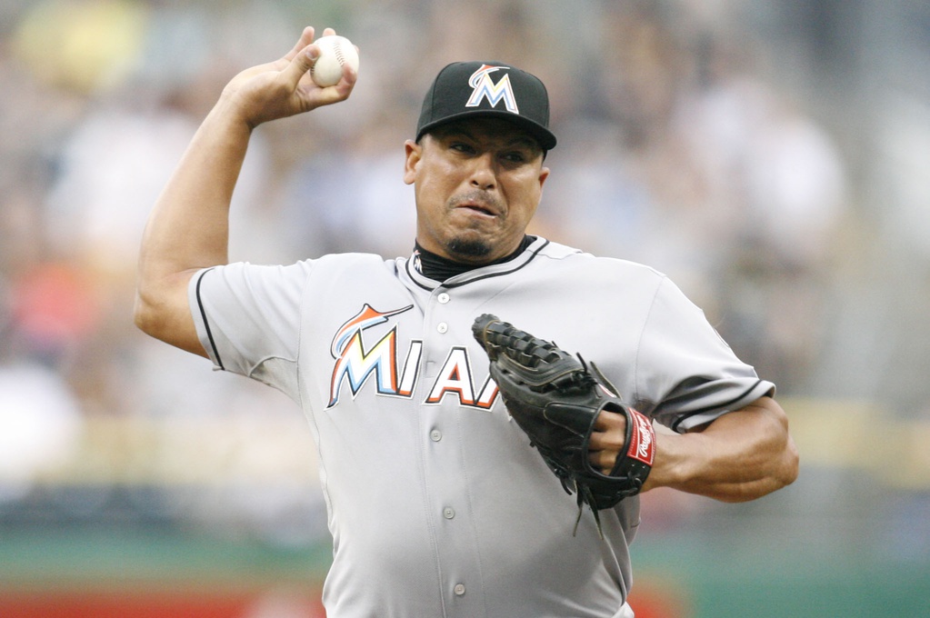 July 21, 2012; Pittsburgh, PA, USA; Miami Marlins starting pitcher Carlos Zambrano (38) pitches against the Pittsburgh Pirates during the first inning at PNC Park.